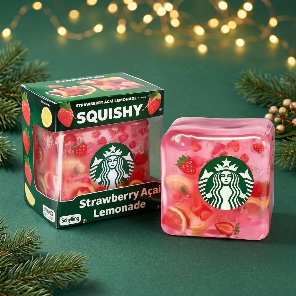 Full pink strawberry toy and packaging on evergreen Christmas background