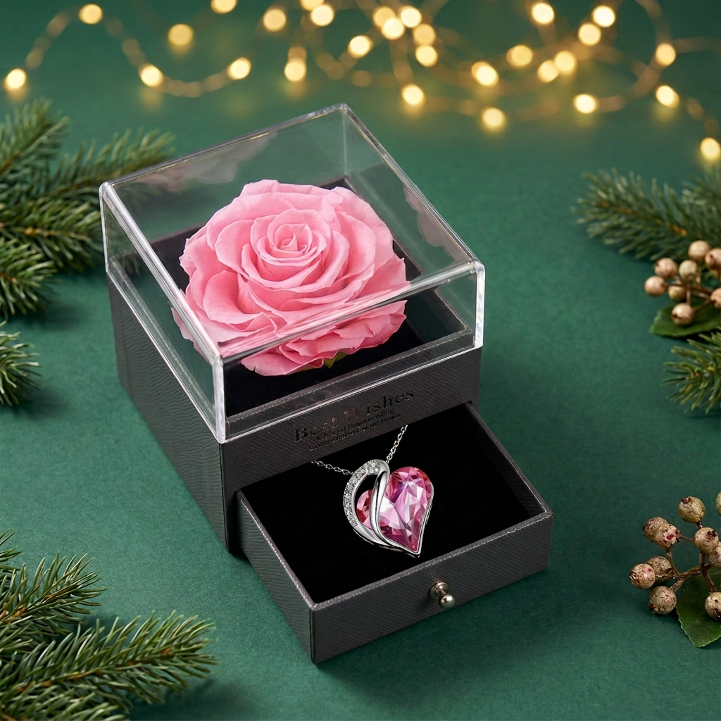 Rose & Heart Necklace Gift Set – Christmas Gift for Her