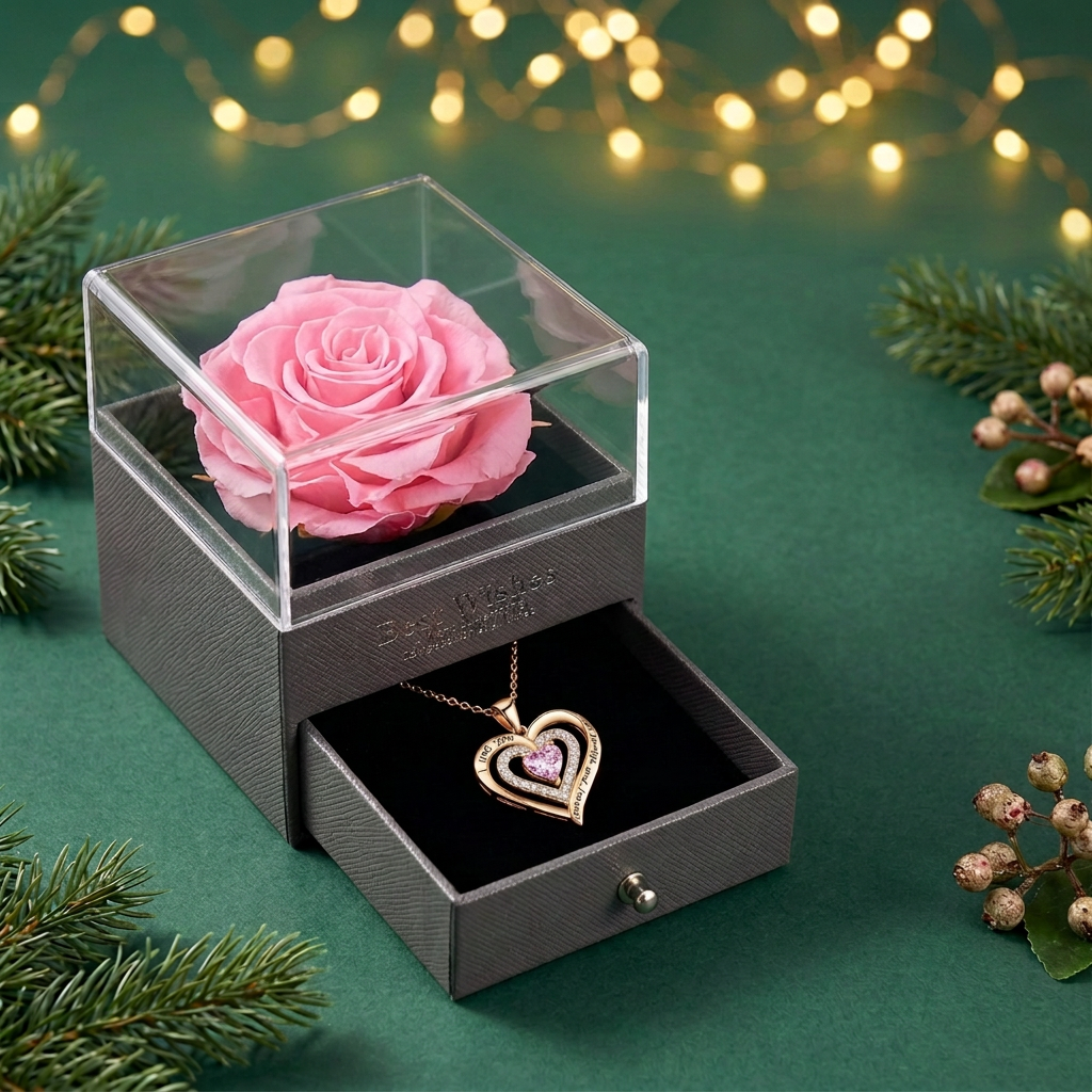 Rose & Heart Necklace Gift Set – Christmas Gift for Her