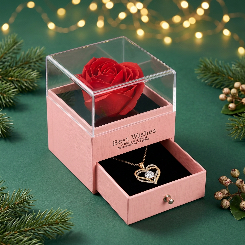 Red rose and necklace in the box with a matching Christmas background